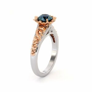 Blue Diamond Engagement Ring Two Tone Engagement Ring Solitaire Ring Flower Engagement Ring
