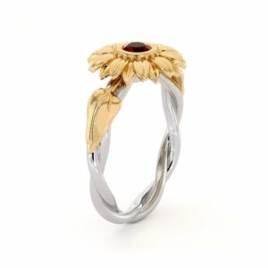 Unique Engagement Ring Natural Ruby 14K Gold Ring Sunflower Engagement Ring