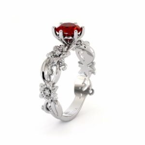 Ruby Engagement Ring 14K White Gold Ring Unique Flower Ring