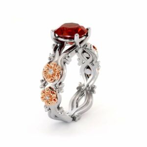 Ruby Engagement Ring 14K White & Rose Gold Ring Leaf Engagement Ring
