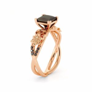 Princess Black Diamond Engagement Ring-Flowers Gold Ring-Rose Gold Wedding Band-Anniversary Ring