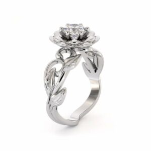 Lotus Flower Engagement Ring Moissanite Engagement Ring White Gold Nature Inspired Ring