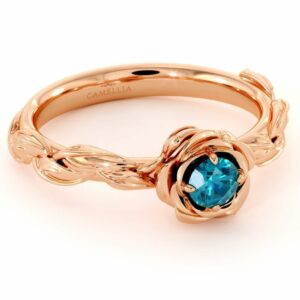 Diamond Engagement Ring Blue Diamond Flower Engagement Ring Rose Gold Leaf Ring Solitaire Diamond Ring