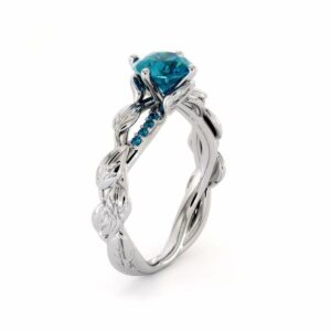 Unique Blue Diamond Engagement Ring 14K White Gold Ring Twisting Leaves Engagement Ring