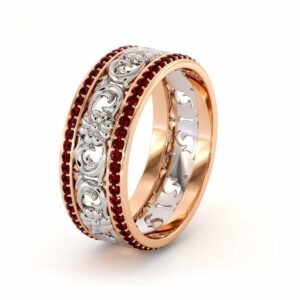 Unique Natural Ruby Wedding Band 14K Two Tone Gold Ring Unique Wedding Band