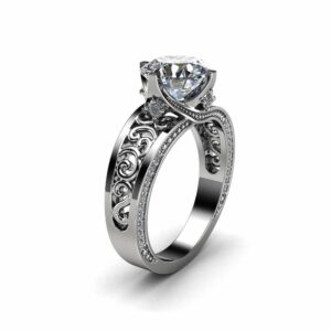 Solid White Gold Moissanite Engagement Ring 2 Carat Moissanite Ring with Diamonds Art Deco Engagement Ring
