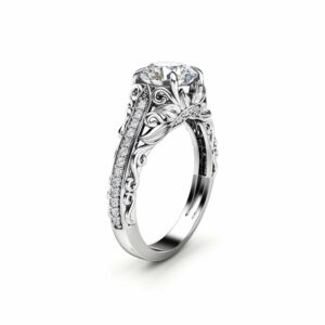 Moissanite Engagement Ring Unique 14K White Gold Ring Filigree Design Engagement Ring