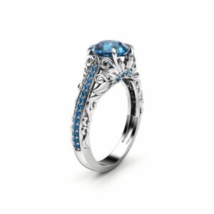 Blue Diamond Engagement Ring White Gold Ring Filigree Ring Diamonds Engagement Ring