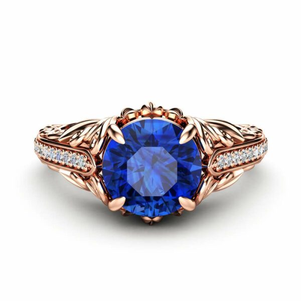 Blue Sapphire Engagement Ring Diamonds Ring 14K Rose Gold Ring September Birthstone