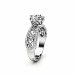 Moissanite Engagement Ring Unique 14K White Gold Ring Art Deco Engagement Ring