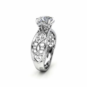 Moissanite Engagement Ring Unique 14K White Gold Ring Art Deco Engagement Ring