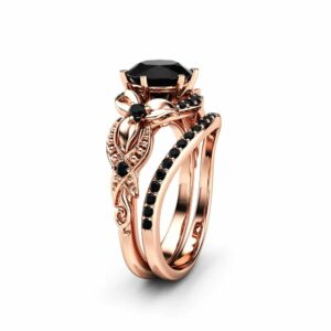 2CT Black Diamond Engagement Ring Set Floral Vintage Matching Rings 14K Two Tone Gold Engagement Rings