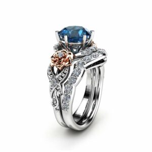 Blue Diamond Engagement Ring Set 14K Two Tone Gold Blue Diamond Engagement Ring