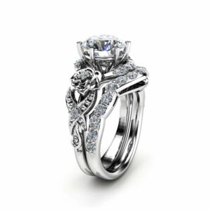 Moissanite Engagement Ring Set 14K White Gold Moissanite Ring Floral Engagement Ring with Matching Diamond Band