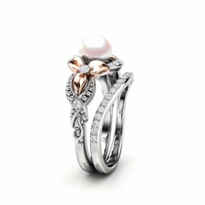 Pearl Engagement Ring Set White Gold Ring Flower Engagement Ring Gold Pearl Ring