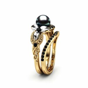 Black Pearl Engagement Ring Set White Gold Ring Flower Engagement Ring Gold Pearl Ring