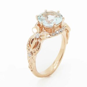 Unique Aquamarine Engagement Ring 14K Rose Gold 2 Carat Aquamarine Ring Art Deco Engagement Ring