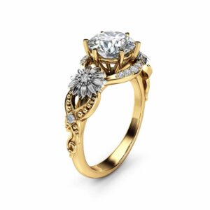 Sunflower Moissanite Engagement Ring 14K Two Tone Gold Engagement Ring Moissanite Sunflower Ring