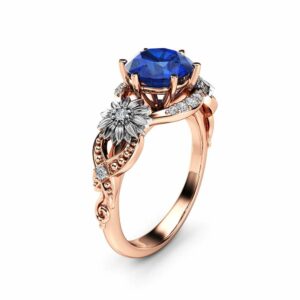 Sunflower Blue Sapphire Engagement Ring 14K Two Tone Gold Engagement Ring Sapphire Sunflower Ring