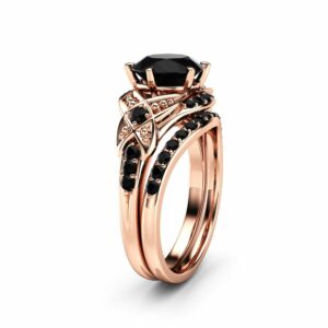 Black Diamond Engagement Ring Set 14K Rose Gold Matching Rings with Black Diamonds Vintage Engagement Rings