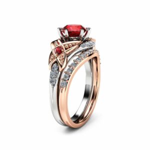 Wedding Ruby Engagement Ring Set 14K Two Tone Gold Engagement Rings Ruby Ring with Half Eternity Band