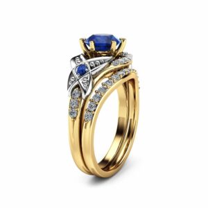 Sapphire Wedding Engagement Ring Set 14K Two Tone Gold Engagement Rings Sapphire Ring with Half Eternity Band