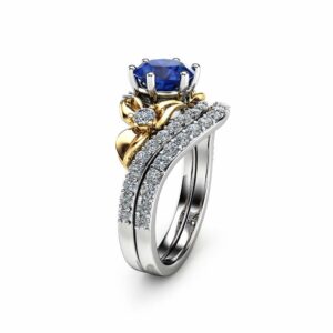Sapphire Unique Engagement Ring Set 14K Two Tone Gold Engagement Rings Unique Natural Blue Sapphire Ring