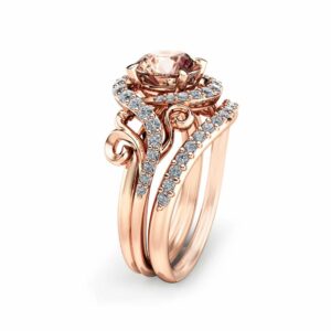 Rose Gold Morganite Engagement Ring Set Unique Rose Gold Morganite Ring with Matching Band Diamond Engagement Rings