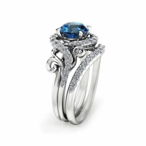 Blue Diamond Engagement Ring Set Unique 14K White Gold Ring with Matching Band Blue Diamond Engagement Ring