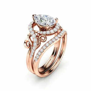 Pear Engagement Ring Set Pear Cut Moissanite Ring 14K Rose Gold Ring Unique Wedding Rings
