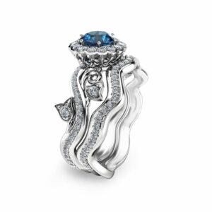 London Blue Topaz Proposal Rings Topaz Engagement Ring Set White Gold Leaf Promise Rings November Birthstone