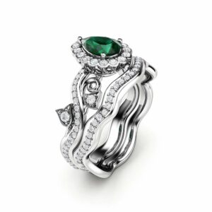 Emerald  Engagement Ring 14K White Gold Rings Pear Emerald Ring Halo Engagement Ring Set