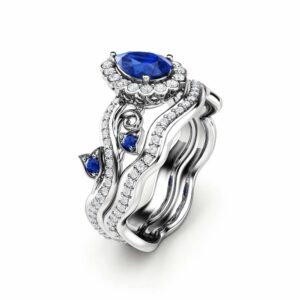 Sapphire Engagement Ring 14K White Gold Rings Pear Sapphire Ring Halo Engagement Ring Set