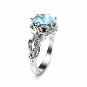 Blue Moissanite Engagement Ring White Gold Ring Unique Engagement Ring