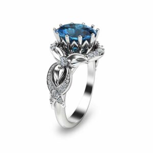 14K White Gold Topaz Engagement Ring Oval Engagement Ring Blue Topaz Engagement Ring November Birthstone