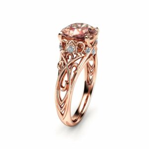 Peach Pink Morganite Engagement Ring 14K Rose Gold Cushion Ring Unique Cushion Cut Morganite Ring Art Deco Ring