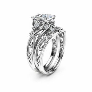 2 Carat Moissanite Engagement Ring Set 14K White Gold Engagement Rings Unique Art Deco Design Ring Set