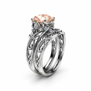 Peach Pink Morganite Bridal Set  14K White Gold Morganite Engagement Rings Art Deco Styled Bridal Ring Set Filigree White Gold Rings