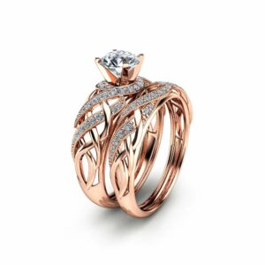 Moissanite Bridal Set in 14K Rose Gold Unique Engagement Rings Art Deco Styled Bridal Ring Set Filigree Rings