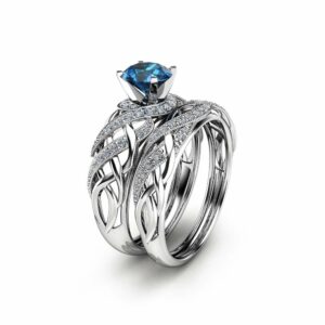 London Blue Topaz Bridal Set in 14K White Gold Unique Engagement Rings Art Deco Styled Bridal Ring Set Filigree Rings