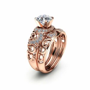 14K Rose Gold Moissanite Bridal Set Unique Engagement Rings Art Deco Engagement Ring Filigree Bridal Ring Set