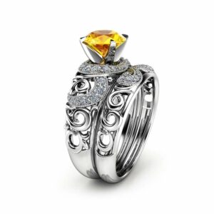 Gemstone Engagement Ring Set 14K White Gold Rings Yellow Sapphire Engagement Rings Choose Your 1 CT Gemstone Ring