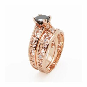 Black Diamond Engagement Matching Rings 14K Rose Gold Filigree Rings Natural Black Diamond Engagement Ring Set