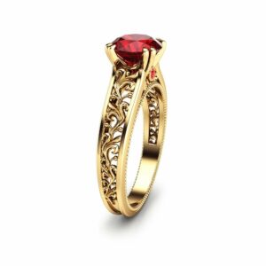 14K Yellow Gold Ruby Engagement Ring Ruby Engagement Ring Art Deco Bridal Ring Unique Filigree Gemstone Ring