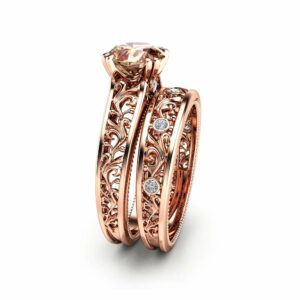 Peach Pink Morganite Bridal Set  14K Rose Gold Morganite Engagement Rings Art Deco Styled Bridal Ring Set Filigree Rose Gold Rings