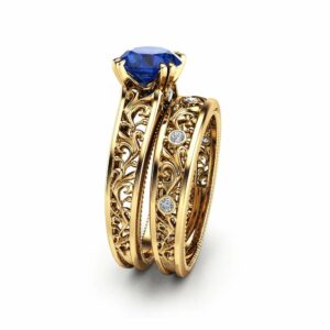 Unique Blue Sapphire Engagement Ring Set 14K Yellow Gold Sapphire Engagement Rings Unique Art Deco Bridal Set