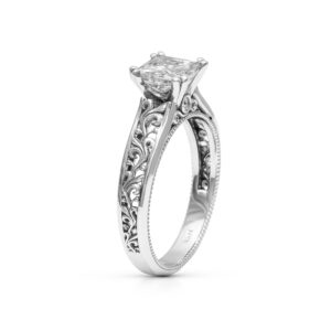 Filigree Ring Princess Cut Moissanite Engagement Ring White Gold Leaves Engagement Ring