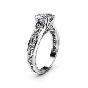 Asscher Moissanite Engagement Ring 14K White Gold Filigree Ring Asscher Engagement Ring