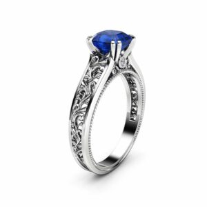 Natural Asscher Sapphire Engagement Ring 14K White Gold Filigree Ring Sapphire Asscher Engagement Ring