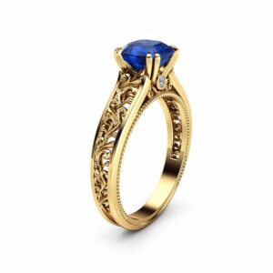 Natural Asscher Sapphire Engagement Ring 14K Yellow Gold Filigree Ring Sapphire Asscher Engagement Ring